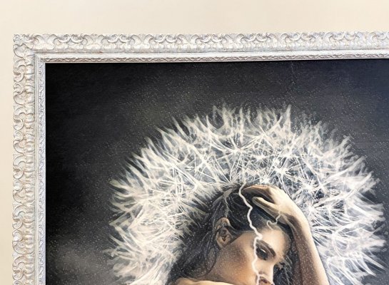 Italský modro stříbrný ornamentální rám ladí s obrazem Romana Řeháka Akt s pampeliškou