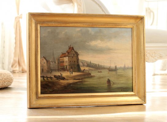 Starý obraz s přístavem od Louis Paul Pierre Dumont zarámovaný ve zlatém na zakázku vyrobeném luxusním rámu