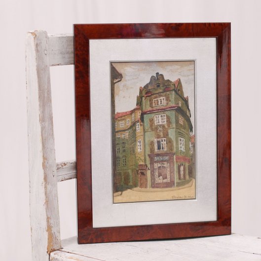 Tradiční rámování obrazu s motivem Prahy do dřevěného dýhovaného rámu s ručně stříbřenou paspartou