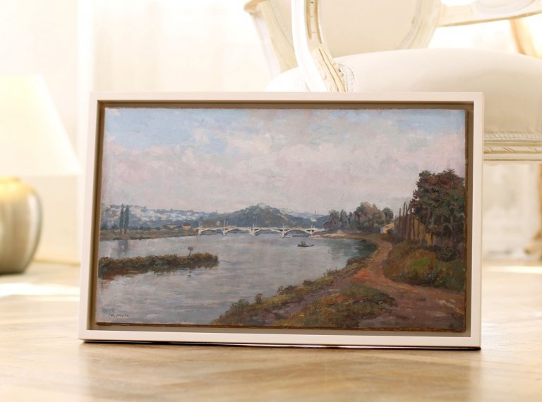 Jednoduché minimalistické rámování obrazu Prahy od Josefa Hapky do dřevěného plovoucího rámu