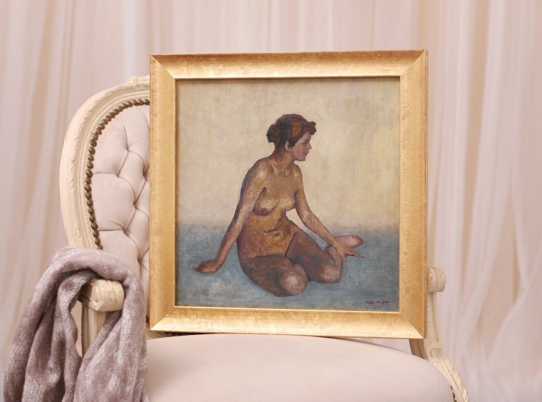 Rámování čtvercového obrazu ženského aktu v art deco stylu do zlatého rámu