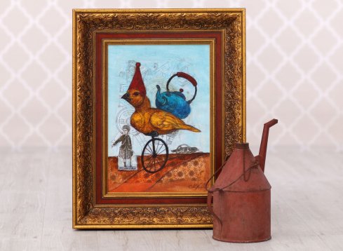 Rámování malého obrazu na plátně do širokého ornamentálního rámu s červeným zlatem a červenou linkou