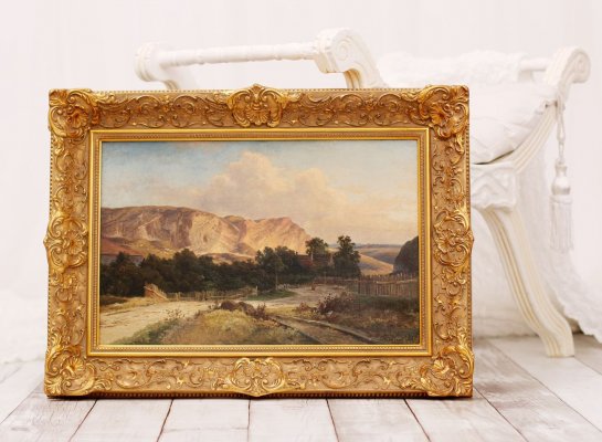 Historický zlatý blondelový rám na obraz s výrazným impresionistickým ornamentem na krajinomalbu