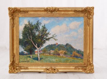 Tradiční zlacený blondelový rám se středovým ornamentem na delším ramenu s obrazem krajiny Oty Bubeníčka