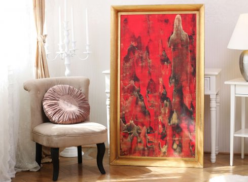 Luxusní rámování velkého obrazu Čínské hory Patrika Hábla do zlatého modelového rámu