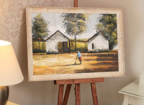 Elegantní italský dřevěný rám s bílou olivovou dýhou na africkém obrazu