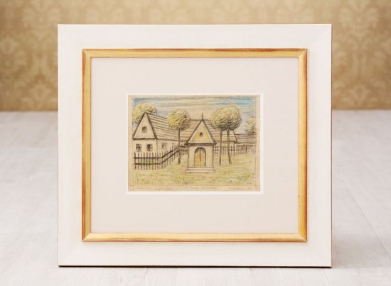 Obraz Vesnická kaplička Jana Zrzavého zarámovaný v bílo zlatém rámu a bílé muzeální paspartě