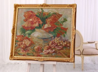 Olej na plátně s máky v tradičním českém zlaceném blondelovém rámu s vypracovanými ornamenty