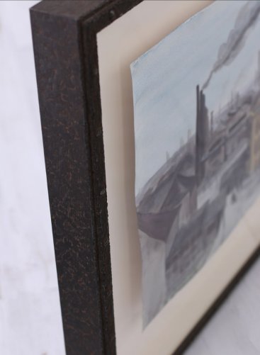 Industriální rámování akvarelu Kláry Buriánkové - detail zpracování