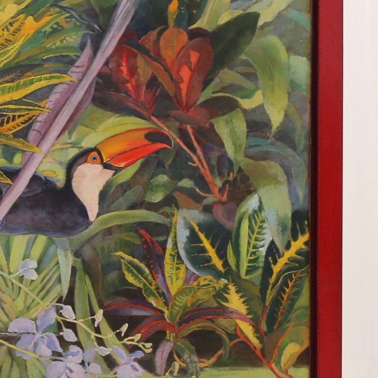 Pololesklý červený plovoucí rám se hodí k barvám obrazu Tukana