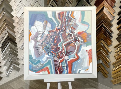 Široký bílý plovoucí rám na abstraktní obraz na plátně