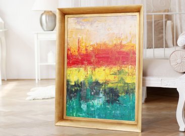 Abstraktní olejomalba od Adel v zářivých barvách ve špičkovém zakázkovém jasně zlatém rámu z kvalitního dřeva