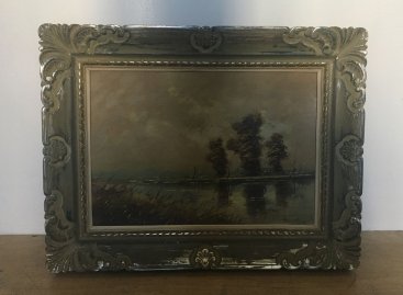 Původní stav a rám obrazu Krajina s řekou Ladislava Trinkmoce