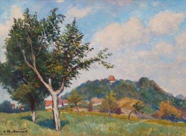 Obraz na plátně s motivem krajiny s ovocnými stromy od Oty Bubeníčka před adjustací