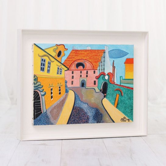 Barevný obraz na plátně s motivem Prahy zarámován v širokém bílém plovoucím rámu