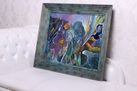 Rámování obrazu na plátně Otakara Hudečka do krásného moderního rámu v etruském bronzu v luxusním interiéru