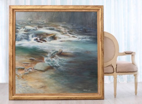 Rámování krajinomalby s peřejemi od Ivany Mrázkové Bachové v tradičně pojatém profilovaném italském rámu