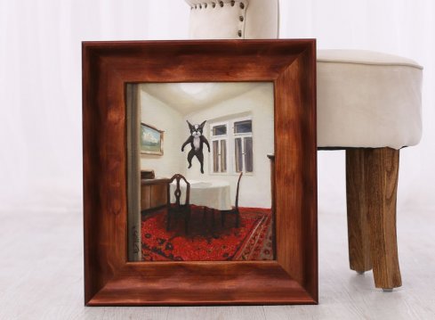 Moderní rám ve staré mědi na obraz Kláry Sedlo, Návštěva přišla na večeři s levitujícím mopsem na obraze