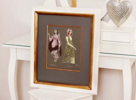 Muzeální rámování kostýmního návrhu Jiřího Trnky v luxusním zakázkovém rámu