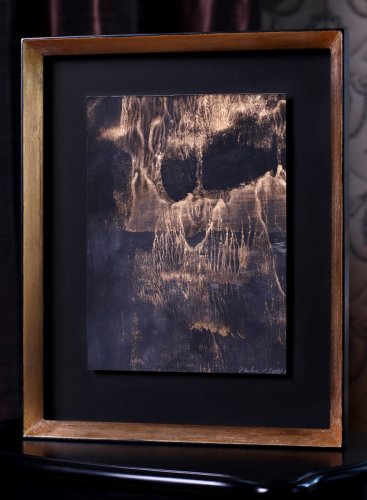 Adjustace technikou float mount oleje Patrika Hábla na papíře v zakázkovém rámu se zlacenou patinou a černou paspartou.