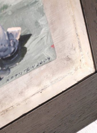 Detailní pohled na roh zakázkového podkladu z bílého zlata pro rámování olejomalby Michaela Rittsteina