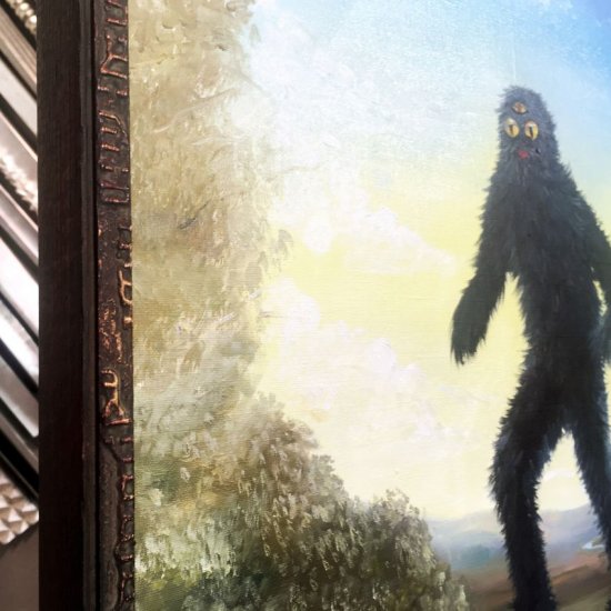 Tenký měděný rustikální rámeček s patinou k obrazu Kláry Sedlo Ten druhý s tříokým Yetim v krajině.