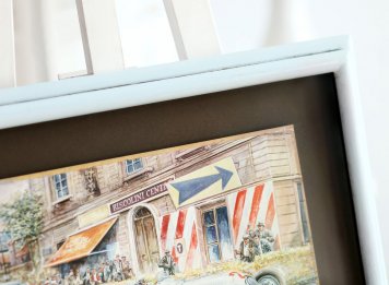 Detail nového paspartování a rámování obrazu Václava Zapadlíka s automobily