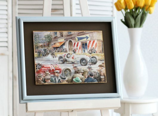 Krásný moderní zakázkový rám ve světlemodré barvě k obrazu Václava Zapadlíka