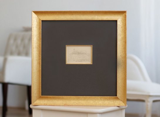 Rámování leptu Jana Zrzavého Ile de Sein do zlatého rámu s hnědou muzeální paspartou a zlacenou filetou v paspartě