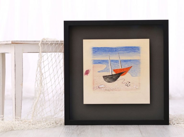 Moderní rámování obrazu na papíře (pastel) od Jana Zrzavého - Bárky do tmavého prostorového rámu