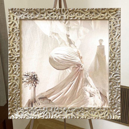 Rámování čtvercového obrazu Romana Řeháka do rámu s nepravidelným obloučkovým vzorem