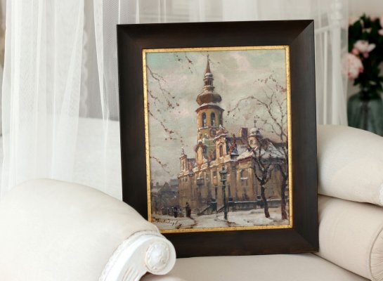 Olejomalba pražské Lorety v moderním hnědém rámu se zlatou vložkou 