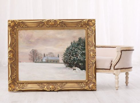 Krásný tradiční blondelový rám s květinovýni ornamenty s obrazem zimí krajiny od Františka Kavána