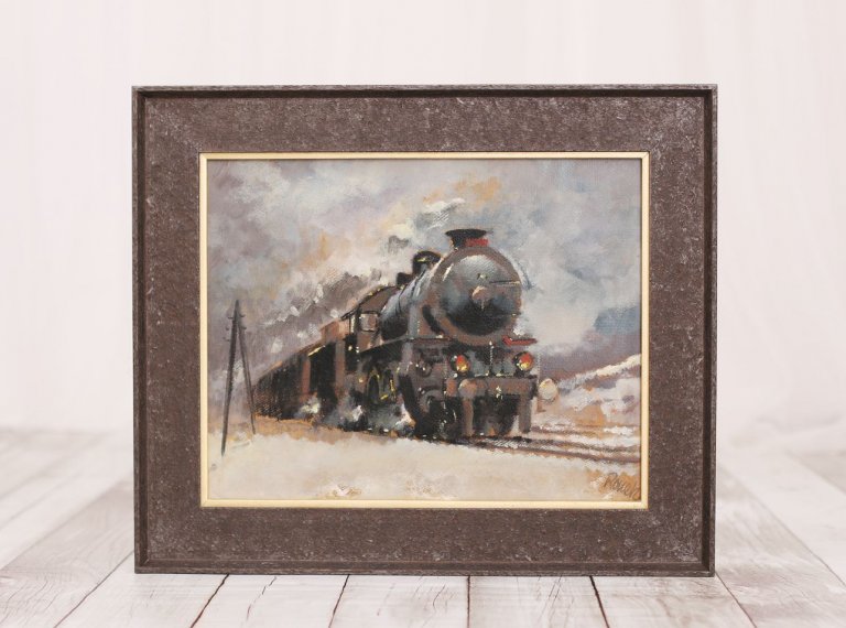 Industrální rámování obrazu lokomotivy Jaroslav Ronek do masivního zrezlého rámu se zlatou vložkou