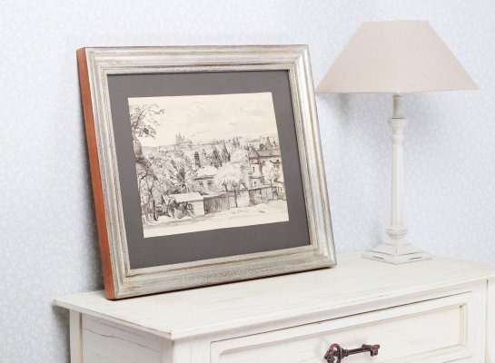 Pohled na Prahu přes Nové Město pražské v luxusním stříbrném modelovém rámu