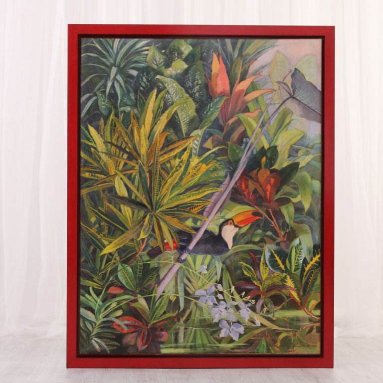 Široký červený plovoucí rám s obrazem Tukan od Jaromíra Seidla