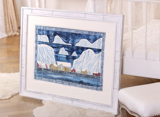 Rámování norského akvarelu do bílého rámu ze skládaných kousků starého dřeva