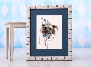 Akvarel s motivem psa Lady od tatérky Zdvyhl v rámu s realistickým vzhledem březového kmene