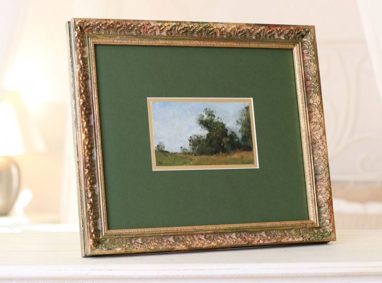 Paspartování obrazu krajiny na kartonu do dvojité pasparty v harmonii s rámem obrazu