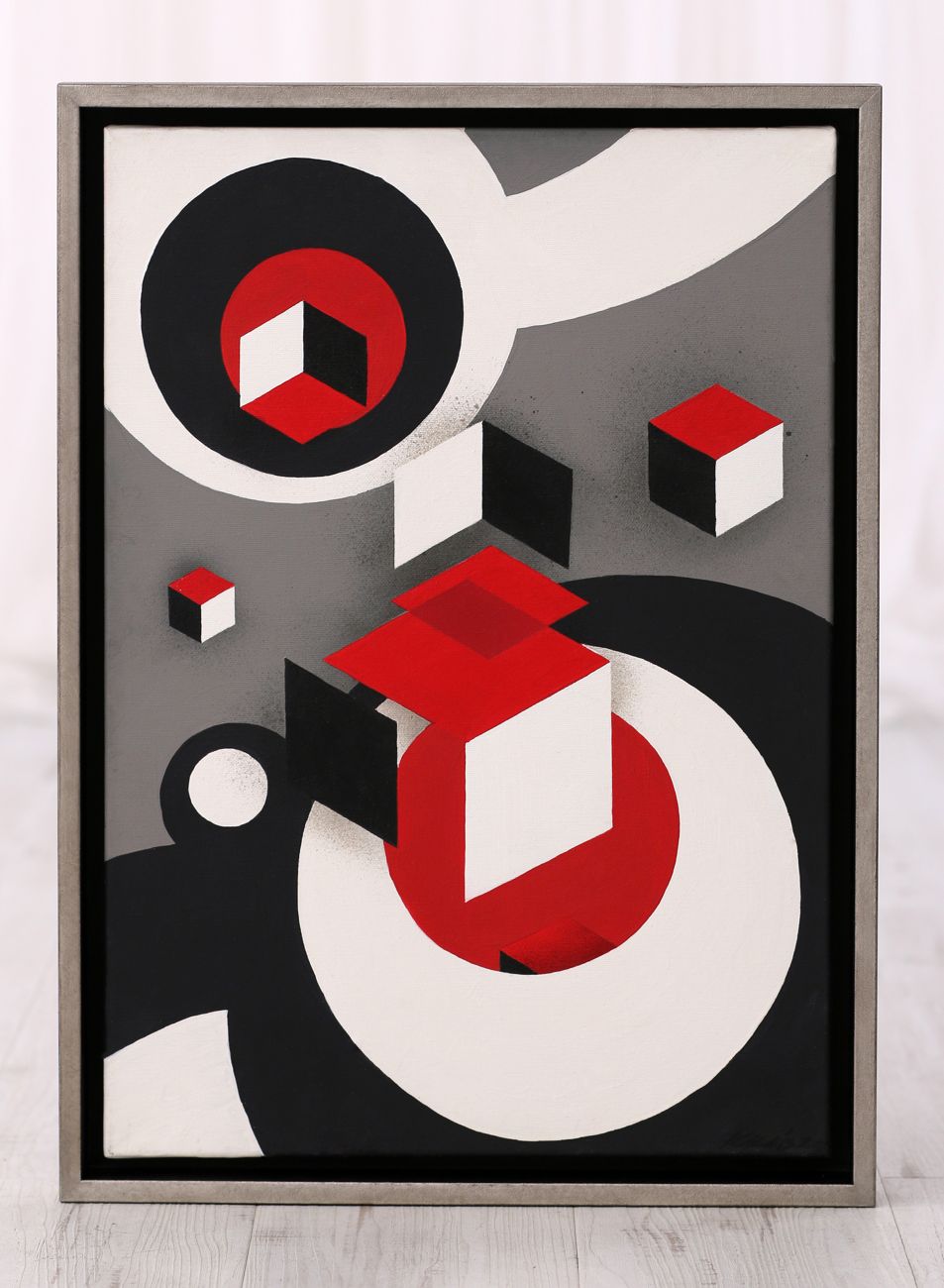 Moderní minimalistický plovoucí rám v černé a stříbrné na obraz Jana Kalába | © Frame-it.cz