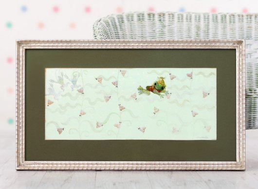 Jan Kudláček Ilustrace Žabáček ve stříbrném zakázkovém rámu se zelenou muzeální paspartou
