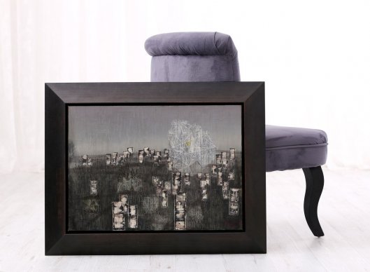 Rámování obrazu na plátně Jaroslava Paura do moderního hnědého plovoucího rámu