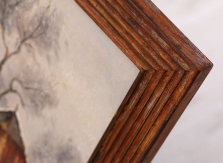 Zakázkový dřevěný rám obrazu Zima Františka Peňaze v několik odstínech hnědé se zlatými vločkami