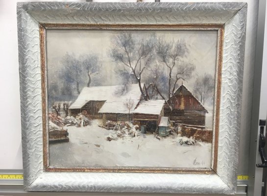 Původní rámování obrazu Zima Františka Peňaze v bílém rámu se zlatem