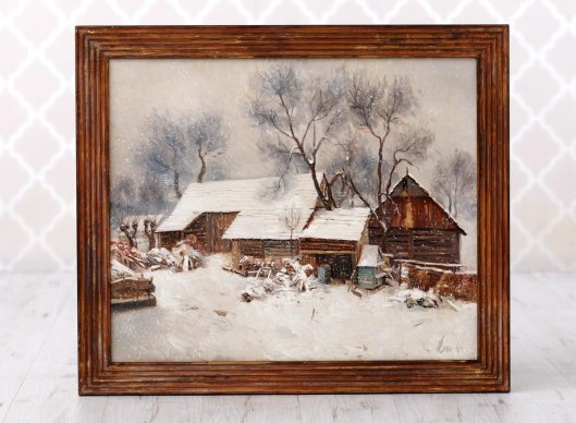 Obraz na plátně František Peňaz Zima v zakázkovém dřevěném rámu připomínajícím roubenku