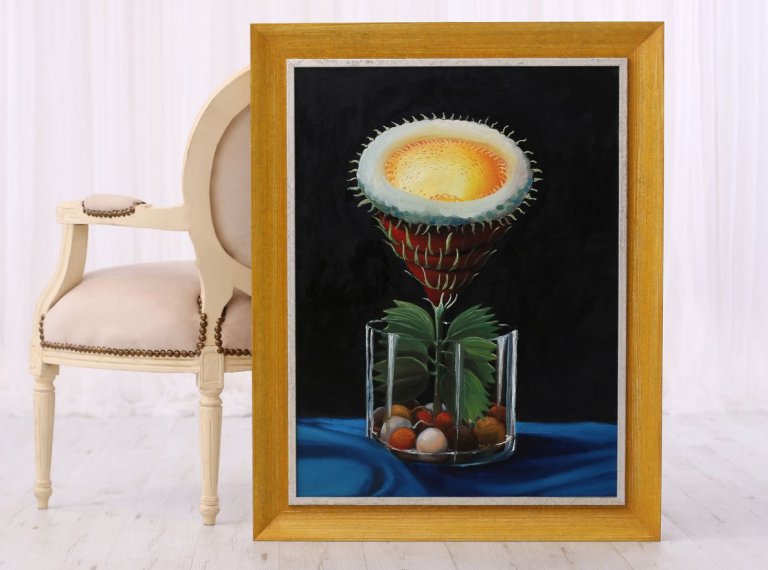 Rámování obrazu na plátně Klára Sedlo, Rostlina odjinud VII do žlutého rámu se stříbrem 