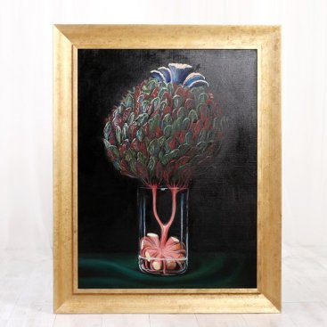 Klára Sedlo Voynichova Botanika s tajemnou květinou zarámovanou ve zlatém dřevěném rámu
