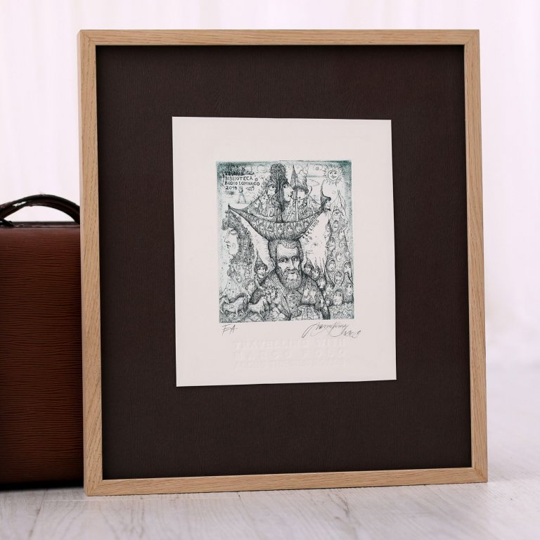 Jednoduchý dřevěný rám s hnědou paspartou pro Ex libris