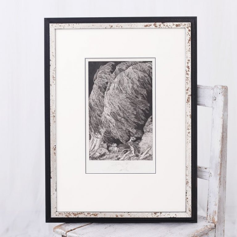 Patinovaný dřevěný rám tvaru černo stříbrných schůdků s dvojitou muzeální paspartou pro lept Ferinanda Staegera Sommernachtstraum.