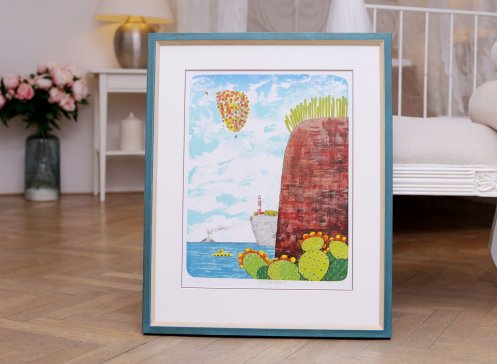 Rámování obrazu Tomáše Bíma Balónky do tyrkysového rámu s patinou